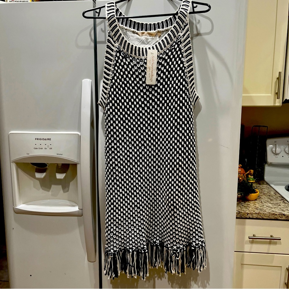 NWT Soft Surroundings Bambado Fringe Halter Tank Top Navy Blue White Knit Large